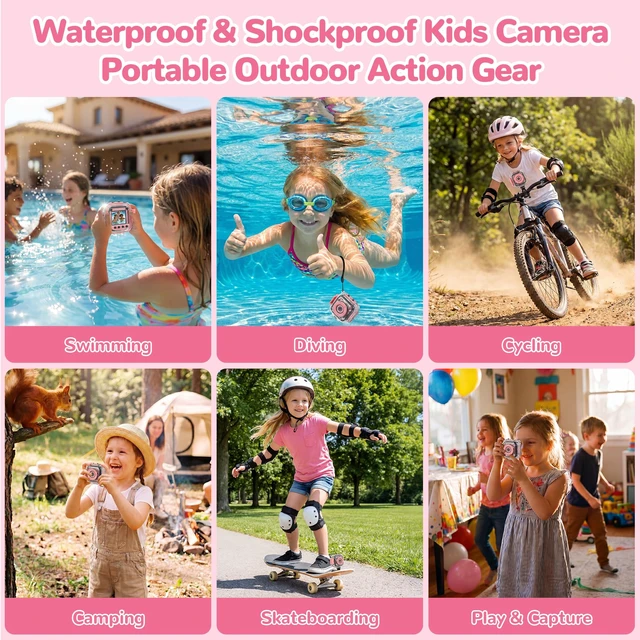 Alt view image 5 of 7 - Kids Waterproof Camera, IP68 Video Camera Birthday Gift Girls 3-12 Children Digital Video Travel Camcorder with 32G Card, 1080P Undewater Action Camera Toy for Pool, Beach, Bike, Skateboarding