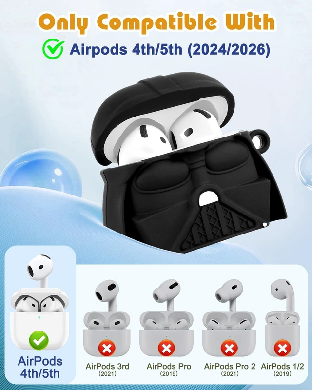 Alt view image 2 of 6 - for AirPods 5th/4th Case, Cute 3D Cartoon Silicone Cover, Black Hero Shock-Absorbing Protection, Secure Keychain, Cleaner Kit Included, Soft-Touch Finish, Easy Carry for Women, Girls and Teens
