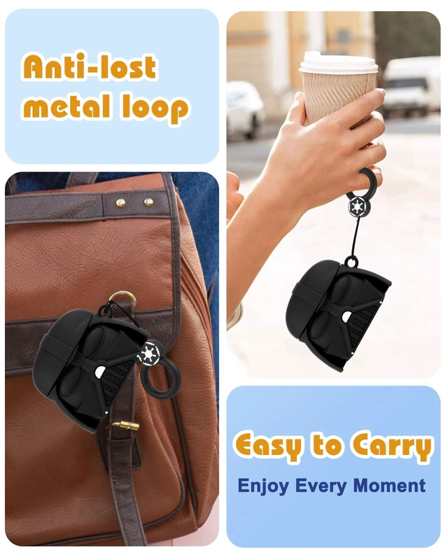 Alt view image 3 of 6 - for AirPods 5th/4th Case, Cute 3D Cartoon Silicone Cover, Black Hero Shock-Absorbing Protection, Secure Keychain, Cleaner Kit Included, Soft-Touch Finish, Easy Carry for Women, Girls and Teens