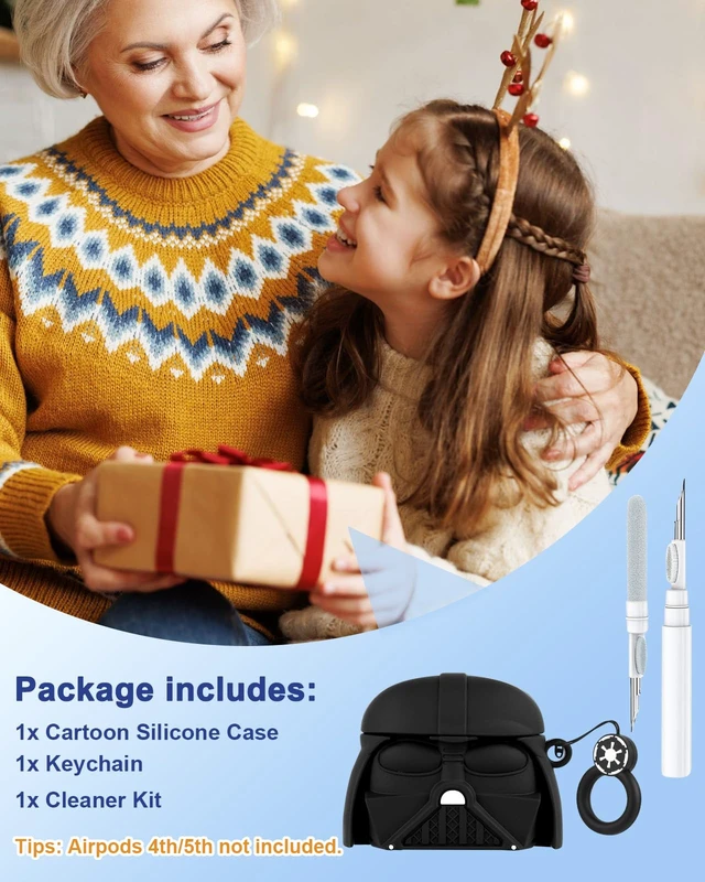 Alt view image 6 of 6 - for AirPods 5th/4th Case, Cute 3D Cartoon Silicone Cover, Black Hero Shock-Absorbing Protection, Secure Keychain, Cleaner Kit Included, Soft-Touch Finish, Easy Carry for Women, Girls and Teens