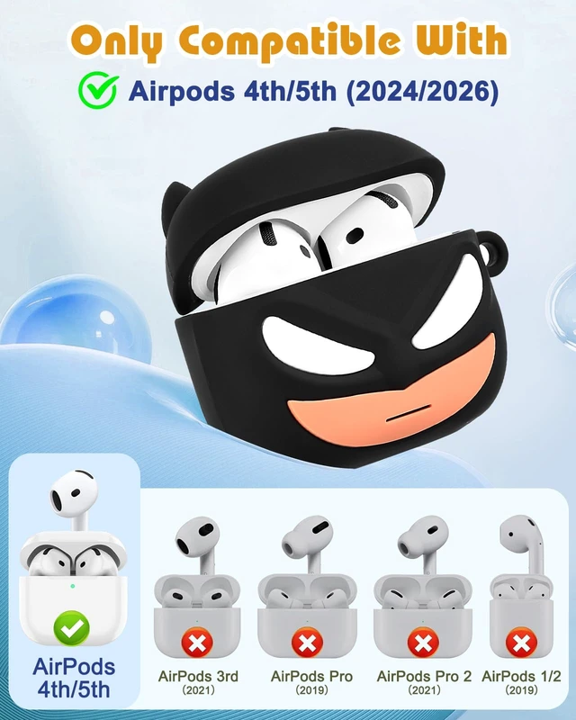 Alt view image 2 of 6 - for AirPods 5th/4th Case, Cute 3D Cartoon Silicone Cover, Black Bat Shock-Absorbing Protection, Secure Keychain, Cleaner Kit Included, Soft-Touch Finish, Easy Carry for Women, Girls and Teens