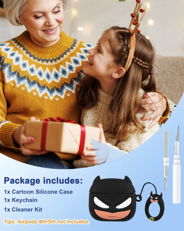 Alt view image 6 of 6 - for AirPods 5th/4th Case, Cute 3D Cartoon Silicone Cover, Black Bat Shock-Absorbing Protection, Secure Keychain, Cleaner Kit Included, Soft-Touch Finish, Easy Carry for Women, Girls and Teens