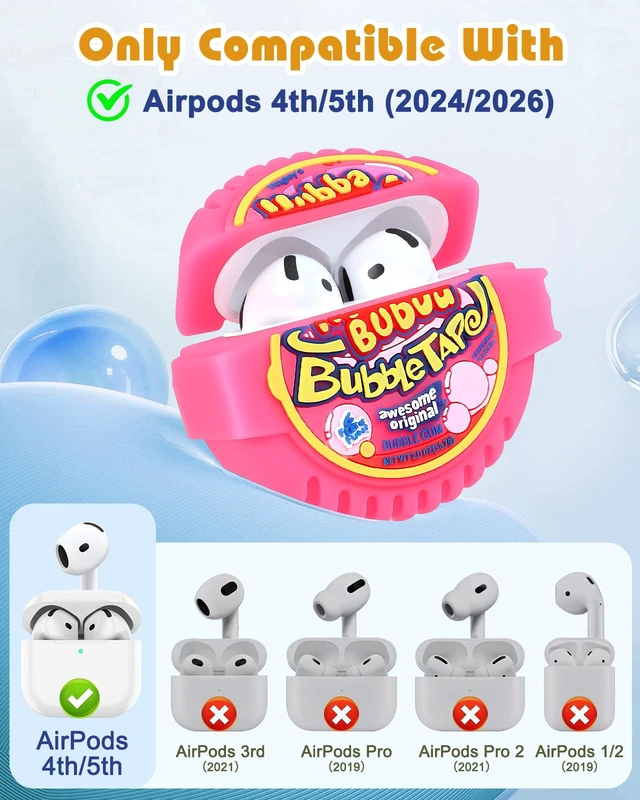 Alt view image 2 of 6 - for AirPods 5th/4th Case, Cute 3D Cartoon Silicone Cover, Pink Candy Shock-Absorbing Protection, Secure Keychain, Cleaner Kit Included, Soft-Touch Finish, Easy Carry for Women, Girls and Teens