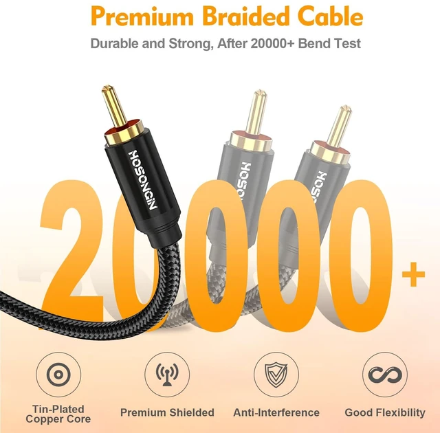 Alt view image 4 of 6 - RCA Y Splitter Cable, 3.3Ft, 2Pack, 1 Male to 2 Male Audio Cable, Gold-Plated, Noise-Free Durable Braided Design RCA Adapter for Subwoofers, Amplifiers, TVs, Home Theater, Hi-Fi Systems