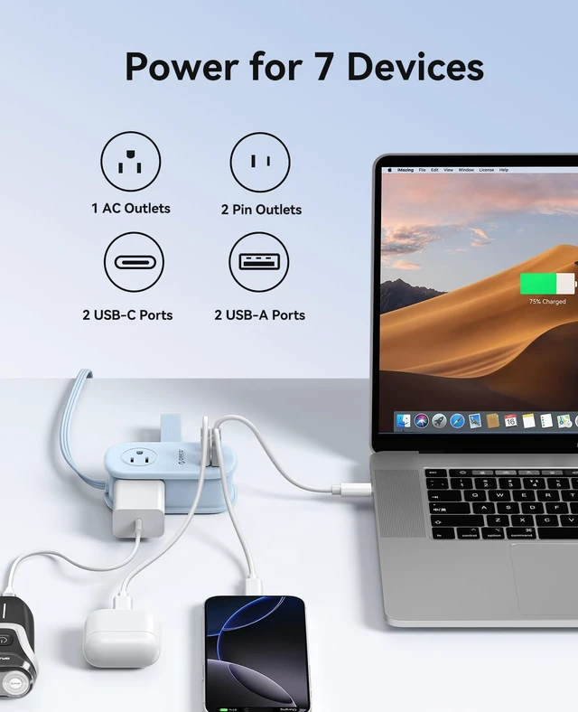 Alt view image 2 of 7 - 65W GaN Travel Power Strip with Flat Plug and 4FT Extension Cord 7-in-1 Charging Ports (3 AC Outlets/2 USB-A/2 USB-C), Fast Charger for MacBook Pro/Air, iPad Pro, iPhone 17/16/15- AP3