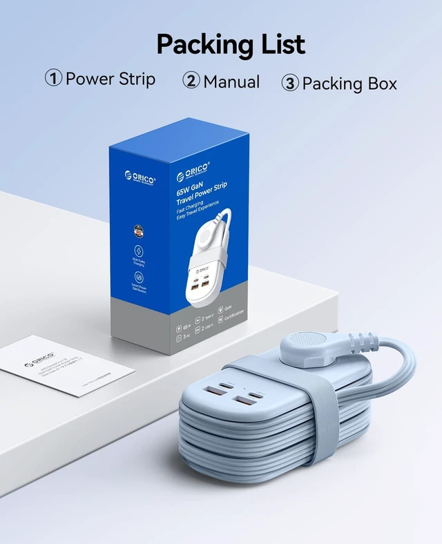 Alt view image 7 of 7 - 65W GaN Travel Power Strip with Flat Plug and 4FT Extension Cord 7-in-1 Charging Ports (3 AC Outlets/2 USB-A/2 USB-C), Fast Charger for MacBook Pro/Air, iPad Pro, iPhone 17/16/15- AP3