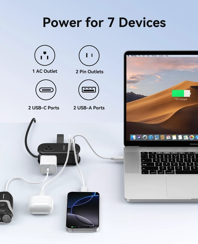 Alt view image 2 of 7 - 65W GaN Travel Power Strip with Flat Plug and 4FT Extension Cord 7-in-1 Charging Ports (3 AC Outlets/2 USB-A/2 USB-C), Fast Charger for MacBook Pro/Air, iPad Pro, iPhone 17/16/15- AP3