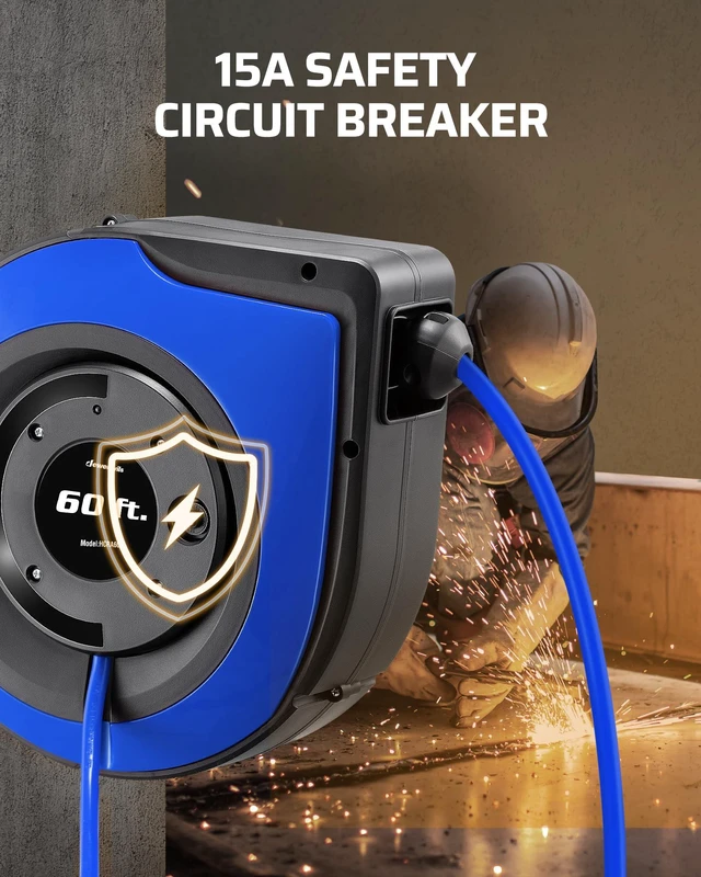 Alt view image 6 of 7 - 60FT Retractable Cord Reel, 12AWG/3C SJTOW Cord, UL Listed, Blue 15A Circuit Breaker, 3-Lighted Triple Outlets, Wall/Ceiling Mounted, 180° Swivel Bracket for Garage, Workshop