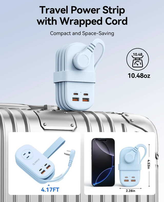 Alt view image 5 of 7 - 65W GaN Travel Power Strip with Flat Plug and 4FT Extension Cord 7-in-1 Charging Ports (3 AC Outlets/2 USB-A/2 USB-C), Fast Charger for MacBook Pro/Air, iPad Pro, iPhone 17/16/15- AP3