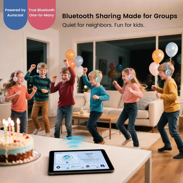 Alt view image 2 of 7 - Manyshare Bluetooth Kids Headphones with Microphone for School,Pink Broadcast Audio to 100+ Headphones at Once. Wireless Kids Headphones with Mic for School, Travel, Tablets and Group Listening