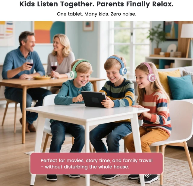 Alt view image 4 of 7 - Manyshare Bluetooth Kids Headphones with Microphone for School,Pink Broadcast Audio to 100+ Headphones at Once. Wireless Kids Headphones with Mic for School, Travel, Tablets and Group Listening