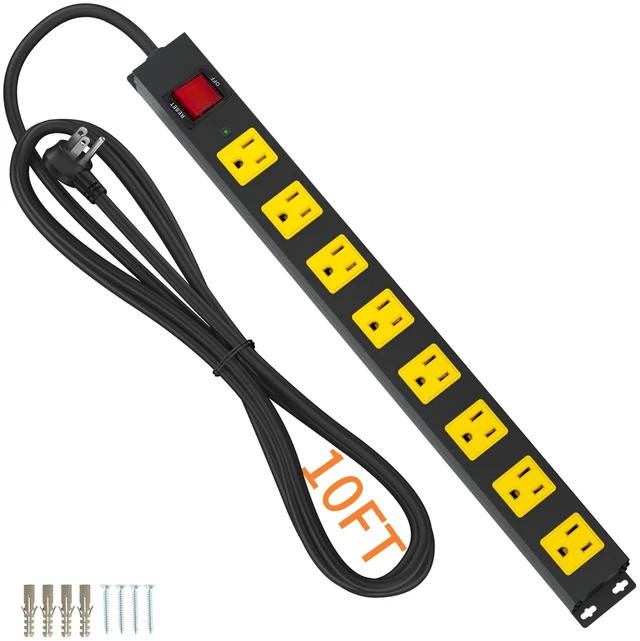Main image of 8 Outlet Metal Heavy Duty Long Power Strip, 2100J Surge Protector with 10 FT Extension Cord, Wide Spaced and Wall Mount Powerstrip for Home, Industrial, Workshop & Garage (10FT)
