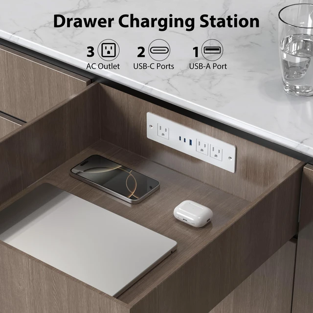 Alt view image 3 of 7 - Drawer Outlet Kit with 65W USB C Fast Charging Station Recessed Power Outlet with 3 USB Ports & 3 AC Outlets, Furniture Flush Mount Power Strip for Home Office,6FT White Cord