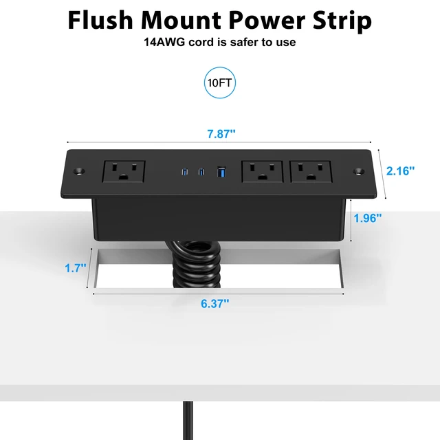 Alt view image 6 of 7 - Drawer Outlet Kit with 65W USB C Fast Charging Station Recessed Power Outlet with 3 USB Ports & 3 AC Outlets, Furniture Flush Mount Power Strip for Home Office 10ft Black Cord