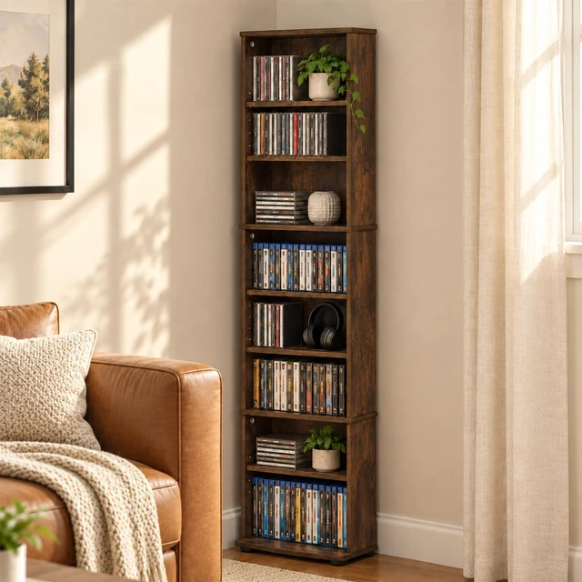 Main image of 8-Tier Tall Narrow CD Rack, DVD Storage Cabinets with Adjustable Shelves, Media Shelf for CD Blueray Game Disc, Easy Assembly DVD Shelf, for Home Office, Living Room, Amber Pine