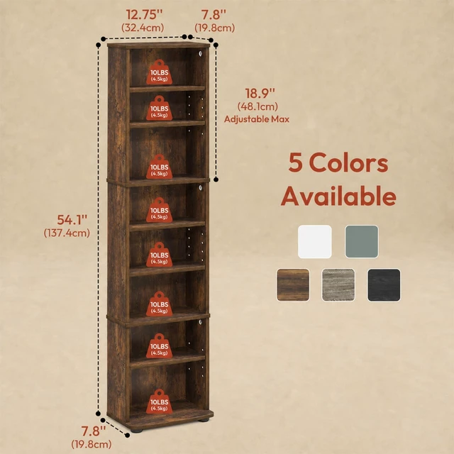 Alt view image 2 of 7 - 8-Tier Tall Narrow CD Rack, DVD Storage Cabinets with Adjustable Shelves, Media Shelf for CD Blueray Game Disc, Easy Assembly DVD Shelf, for Home Office, Living Room, Amber Pine
