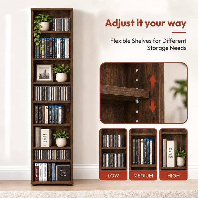 Alt view image 3 of 7 - 8-Tier Tall Narrow CD Rack, DVD Storage Cabinets with Adjustable Shelves, Media Shelf for CD Blueray Game Disc, Easy Assembly DVD Shelf, for Home Office, Living Room, Amber Pine