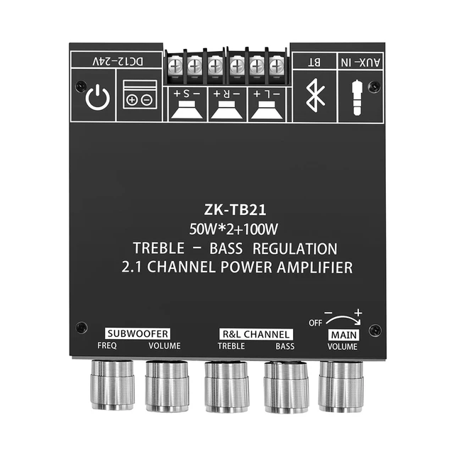 Alt view image 2 of 7 - ZK-TB21 2.1 Channel Bluetooth 5.0 Amplifier Board TPA3116D2 Chip 50Wx2+100W MAX, DC 12-24V, AUX Input, HiFi amp for Home Theater Passive Speakers Subwoofer, Treble & Bass Control
