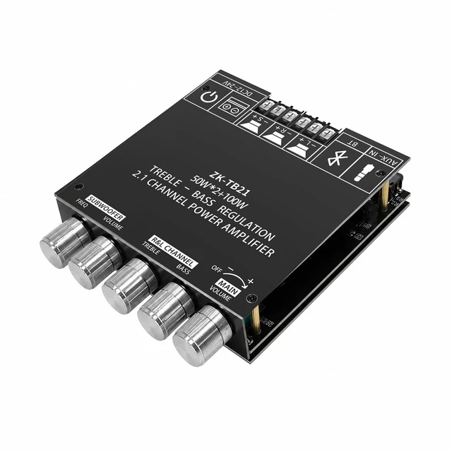 Alt view image 3 of 7 - ZK-TB21 2.1 Channel Bluetooth 5.0 Amplifier Board TPA3116D2 Chip 50Wx2+100W MAX, DC 12-24V, AUX Input, HiFi amp for Home Theater Passive Speakers Subwoofer, Treble & Bass Control