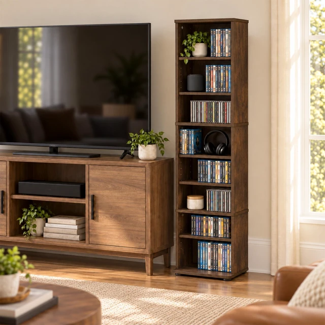Alt view image 6 of 7 - 8-Tier Tall Narrow CD Rack, DVD Storage Cabinets with Adjustable Shelves, Media Shelf for CD Blueray Game Disc, Easy Assembly DVD Shelf, for Home Office, Living Room, Amber Pine