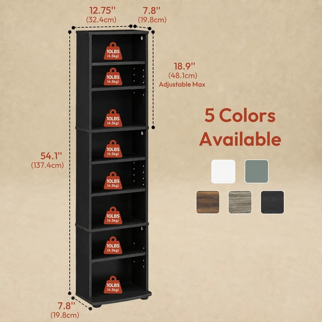 Alt view image 2 of 7 - 8-Tier Tall Narrow CD Rack, DVD Storage Cabinets with Adjustable Shelves, Media Shelf for CD Blueray Game Disc, Easy Assembly DVD Shelf, for Home Office, Living Room, Espresso
