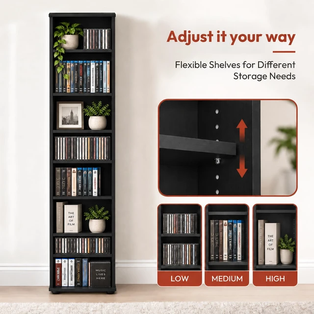 Alt view image 3 of 7 - 8-Tier Tall Narrow CD Rack, DVD Storage Cabinets with Adjustable Shelves, Media Shelf for CD Blueray Game Disc, Easy Assembly DVD Shelf, for Home Office, Living Room, Espresso