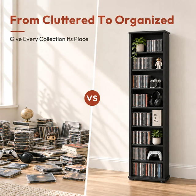 Alt view image 4 of 7 - 8-Tier Tall Narrow CD Rack, DVD Storage Cabinets with Adjustable Shelves, Media Shelf for CD Blueray Game Disc, Easy Assembly DVD Shelf, for Home Office, Living Room, Espresso