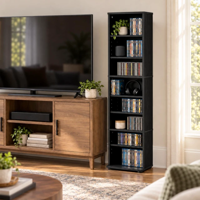 Alt view image 6 of 7 - 8-Tier Tall Narrow CD Rack, DVD Storage Cabinets with Adjustable Shelves, Media Shelf for CD Blueray Game Disc, Easy Assembly DVD Shelf, for Home Office, Living Room, Espresso