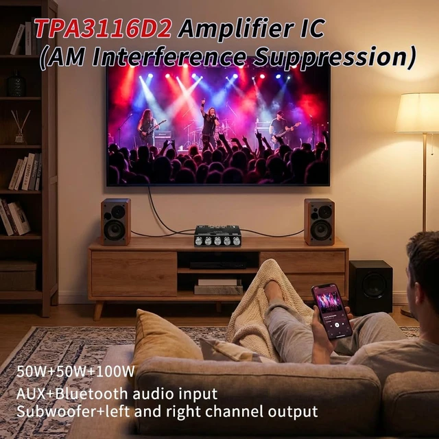 Alt view image 5 of 7 - ZK-TB21 2.1 Channel Bluetooth 5.0 Amplifier Board TPA3116D2 Chip 50Wx2+100W MAX, DC 12-24V, AUX Input, HiFi amp for Home Theater Passive Speakers Subwoofer, Treble & Bass Control