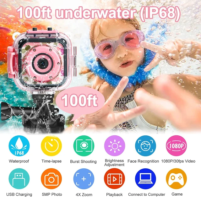 Alt view image 2 of 7 - Kids Underwater Camera & Pool Toy - IP68 Waterproof Action Camera for Girls Ages 3-12 with 1080P Video, 32GB Card, Bike Mount, Birthday Gift for Swimming, Diving, Riding, Snorkeling