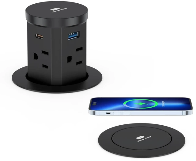 Main image of 2.4" Pop Up Countertop Outlet, 30W USB-C & Wireless Charger Fits 2.4 in (60mm) grommet holes, 4 AC outlets, 2 USB-C 30W, 2 USB-A 18W, 15W wireless charging and 1.5m cord, Black