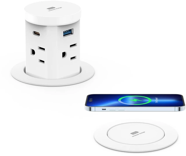Main image of 2.4" Pop Up Countertop Outlet, 30W USB-C & Wireless Charger Fits 2.4 in (60mm) grommet holes, 4 AC outlets, 2 USB-C 30W, 2 USB-A 18W, 15W wireless charging and 1.5m cord, White