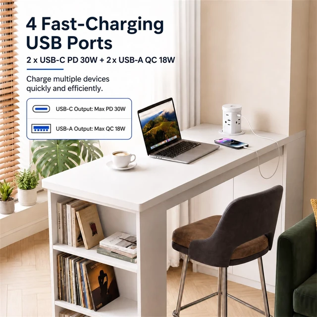 Alt view image 4 of 7 - 2.4" Pop Up Countertop Outlet, 30W USB-C & Wireless Charger Fits 2.4 in (60mm) grommet holes, 4 AC outlets, 2 USB-C 30W, 2 USB-A 18W, 15W wireless charging and 1.5m cord, White