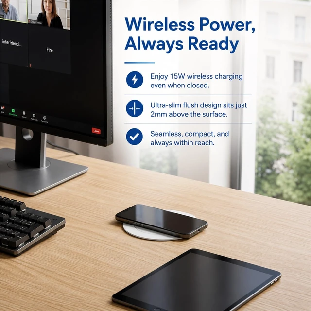 Alt view image 5 of 7 - 2.4" Pop Up Countertop Outlet, 30W USB-C & Wireless Charger Fits 2.4 in (60mm) grommet holes, 4 AC outlets, 2 USB-C 30W, 2 USB-A 18W, 15W wireless charging and 1.5m cord, White
