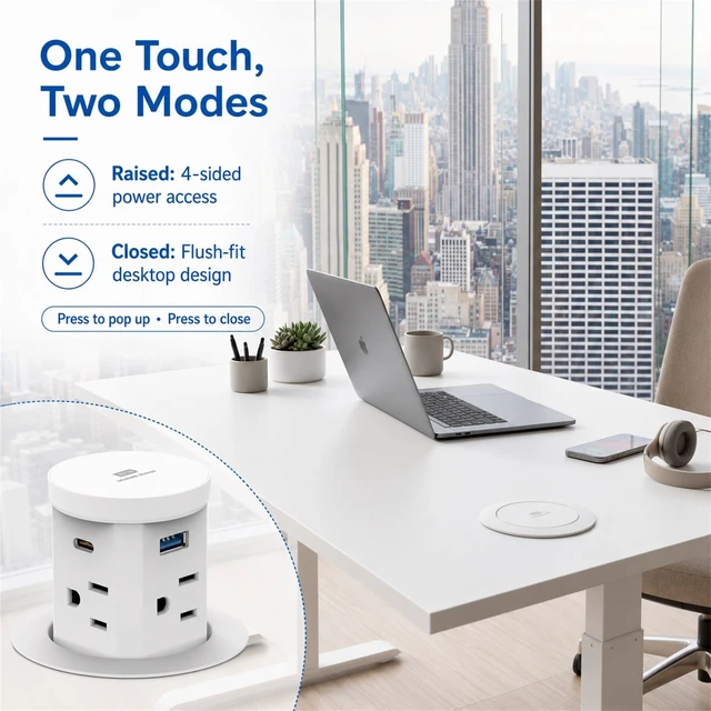 Alt view image 6 of 7 - 2.4" Pop Up Countertop Outlet, 30W USB-C & Wireless Charger Fits 2.4 in (60mm) grommet holes, 4 AC outlets, 2 USB-C 30W, 2 USB-A 18W, 15W wireless charging and 1.5m cord, White