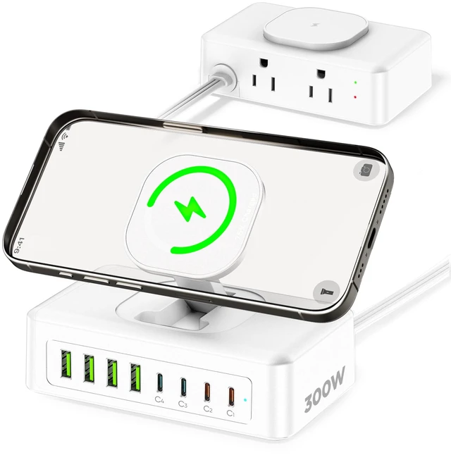 Main image of 300W USB Charging Station, 11-in-1 USB C Power Strip Surge Protector, 2AC Outlets & 8USB Ports, 5ft Flat Plug Extension Cord with Multiple Devices, Desktop Charger for Home Office Desk