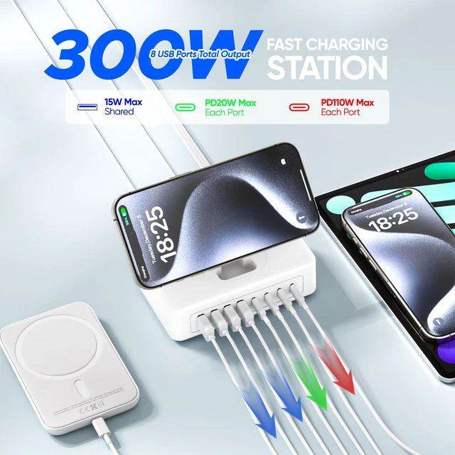 Alt view image 3 of 7 - 300W USB Charging Station, 11-in-1 USB C Power Strip Surge Protector, 2AC Outlets & 8USB Ports, 5ft Flat Plug Extension Cord with Multiple Devices, Desktop Charger for Home Office Desk