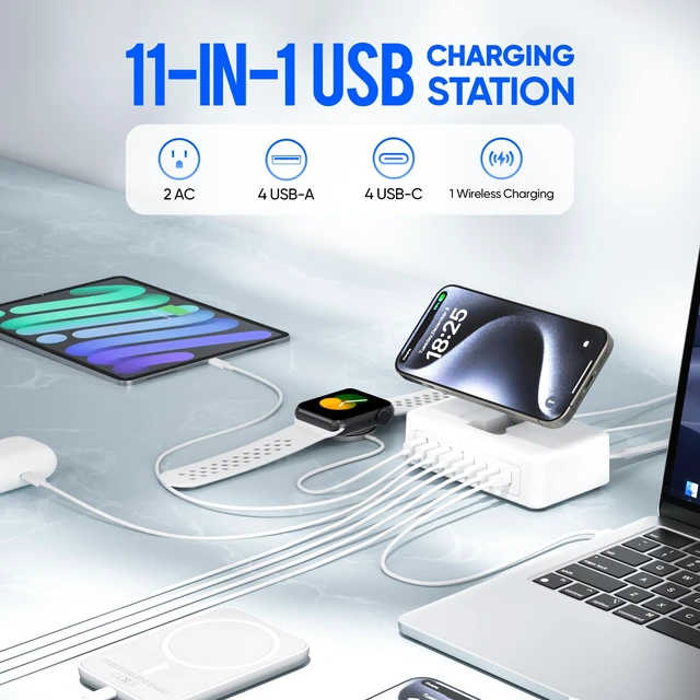 Alt view image 2 of 7 - 300W USB Charging Station, 11-in-1 USB C Power Strip Surge Protector, 2AC Outlets & 8USB Ports, 5ft Flat Plug Extension Cord with Multiple Devices, Desktop Charger for Home Office Desk