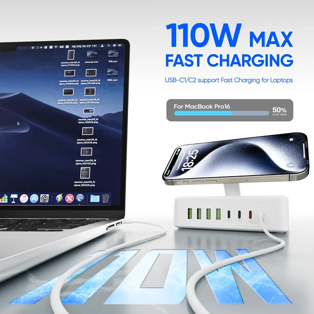 Alt view image 4 of 7 - 300W USB Charging Station, 11-in-1 USB C Power Strip Surge Protector, 2AC Outlets & 8USB Ports, 5ft Flat Plug Extension Cord with Multiple Devices, Desktop Charger for Home Office Desk