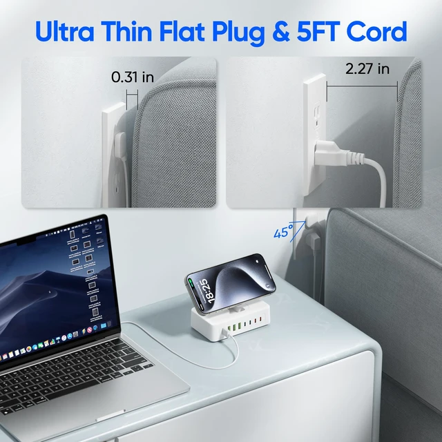 Alt view image 6 of 7 - 300W USB Charging Station, 11-in-1 USB C Power Strip Surge Protector, 2AC Outlets & 8USB Ports, 5ft Flat Plug Extension Cord with Multiple Devices, Desktop Charger for Home Office Desk