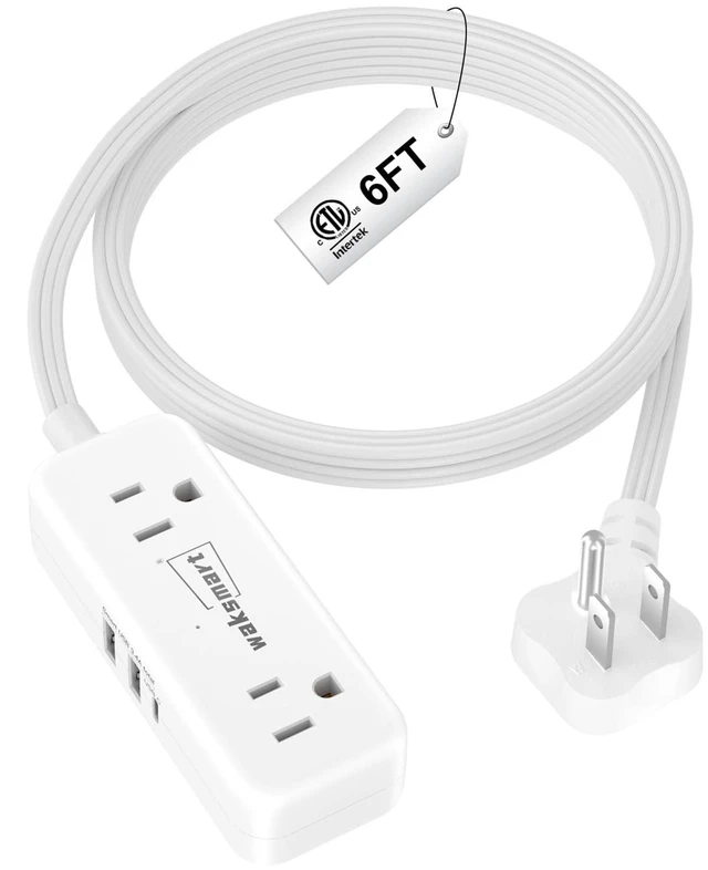 Main image of Flat Plug Extension Cord 6 Feet with 4 AC Outlets 3 USB Ports (5V/3.4A 17W) Flat Plug Power Strip Compact for College Dorm, Travel, Home, White