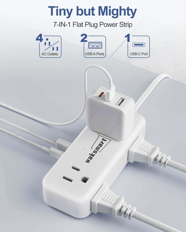 Alt view image 2 of 7 - Flat Plug Extension Cord 6 Feet with 4 AC Outlets 3 USB Ports (5V/3.4A 17W) Flat Plug Power Strip Compact for College Dorm, Travel, Home, White