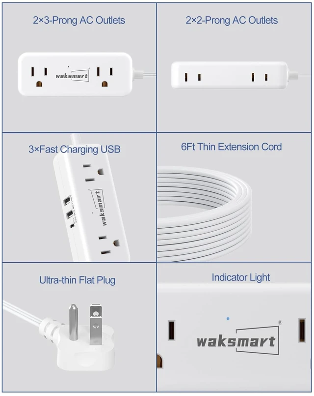Alt view image 7 of 7 - Flat Plug Extension Cord 6 Feet with 4 AC Outlets 3 USB Ports (5V/3.4A 17W) Flat Plug Power Strip Compact for College Dorm, Travel, Home, White