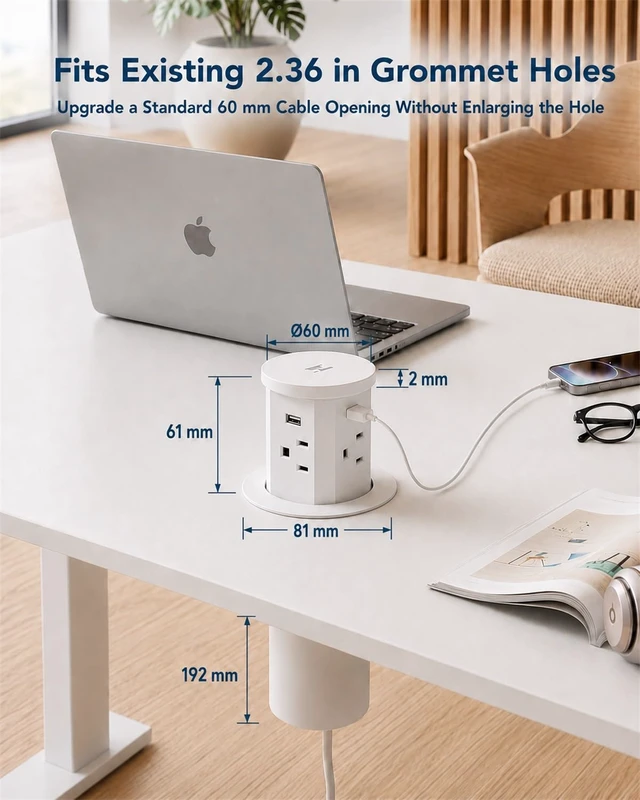 Alt view image 2 of 7 - 2.4" Pop Up Countertop Outlet, 30W USB-C & Wireless Charger Fits 2.4 in (60mm) grommet holes, 4 AC outlets, 2 USB-C 30W, 2 USB-A 18W, 15W wireless charging and 1.5m cord, White