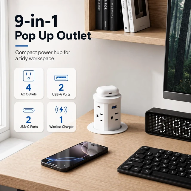 Alt view image 3 of 7 - 2.4" Pop Up Countertop Outlet, 30W USB-C & Wireless Charger Fits 2.4 in (60mm) grommet holes, 4 AC outlets, 2 USB-C 30W, 2 USB-A 18W, 15W wireless charging and 1.5m cord, White