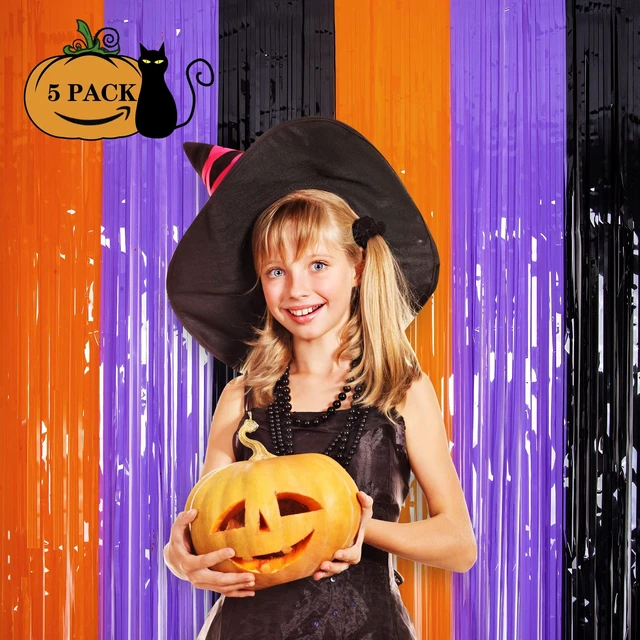 Alt view image 2 of 7 - Halloween Orange Purple Black Foil Fringe Curtains 5 Pack 5 Pack 3.3 x 6.6 ft,Halloween Photo Booth Props, Halloween Party Photo Backdrop, Streamer Backdrop, Birthday Party Decoration