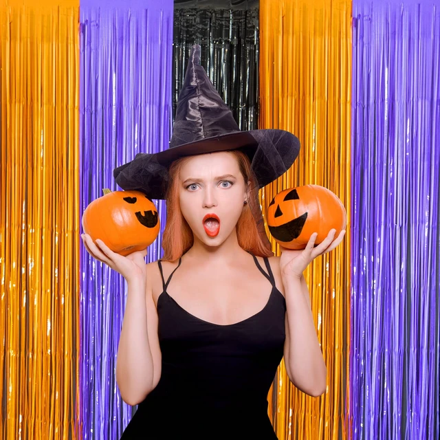 Alt view image 5 of 7 - Halloween Orange Purple Black Foil Fringe Curtains 5 Pack 5 Pack 3.3 x 6.6 ft,Halloween Photo Booth Props, Halloween Party Photo Backdrop, Streamer Backdrop, Birthday Party Decoration
