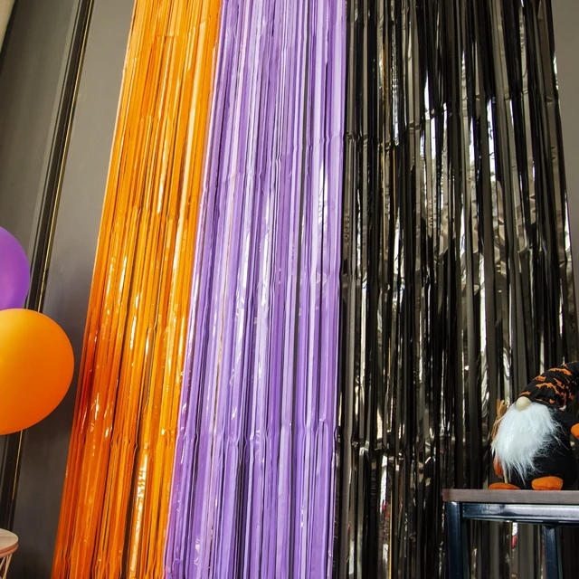 Alt view image 7 of 7 - Halloween Orange Purple Black Foil Fringe Curtains 5 Pack 5 Pack 3.3 x 6.6 ft,Halloween Photo Booth Props, Halloween Party Photo Backdrop, Streamer Backdrop, Birthday Party Decoration