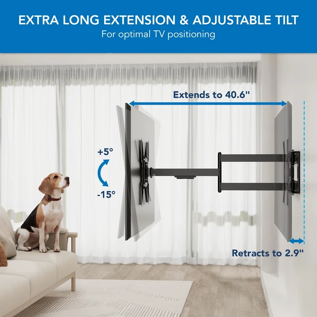 Alt view image 3 of 7 - Long Arm TV Wall Mount, 40" Extension, 32-70" Pre-assembled full-motion corner bracket holds up to 110 lbs, 90 swivel & tilt, VESA 400x400