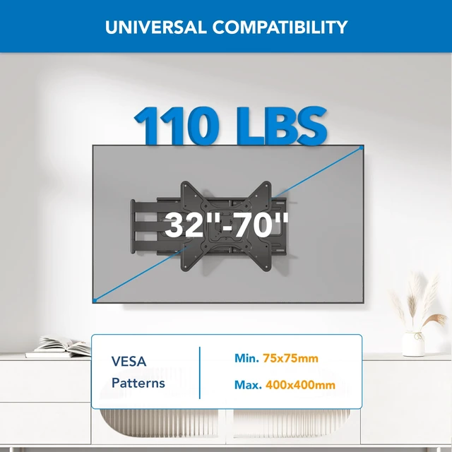 Alt view image 5 of 7 - Long Arm TV Wall Mount, 40" Extension, 32-70" Pre-assembled full-motion corner bracket holds up to 110 lbs, 90 swivel & tilt, VESA 400x400